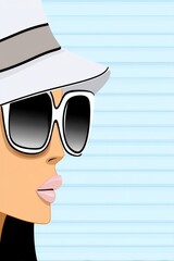 Poster - Vintage Style Comic Illustration of Woman in Sunglasses Wearing Fashionable Hat Against Soft Blue Background