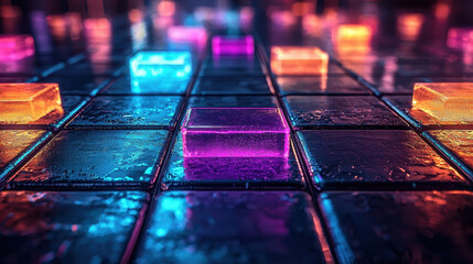 Poster - a visually complex 4k 3d background features realistic colorful cubes on a reflective surface in a s