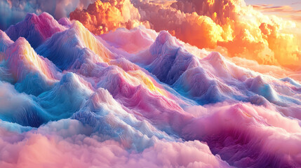 Poster - visual exploration of a colorful 3d background in realistic 4k, side angle featu an ethereal landsca