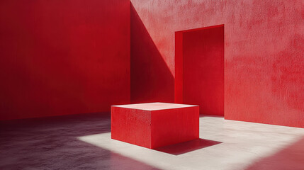 Poster - A vibrant red 3D background showcasing visual harmony with a realistic block object viewed from a side angle in detailed 4K resolution for artistic appeal.