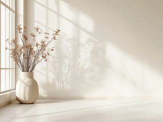 Poster - Minimalist interior with dried flowers in vase by window casting shadows on wall in bright room