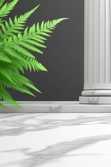 Poster - Elegant studio shot of fern fronds and marble column against dark gray backdrop for product display or presentation