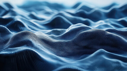 Poster - Ethereal 3D render showcasing visual sound waves undulating across a textured blue background, presented in realistic 4K detail from a side angle perspective.