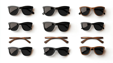 Poster - Multiple angles of black sunglasses with brown frames, isolated on a white background. Concept of eyewear styling