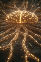Poster - Golden brain with neural networks glowing on dark background artistic representation of intelligence and connectivity high angle view