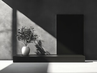 Poster - Minimalist still life of potted tree on platform with black panel in textured gray room with window light