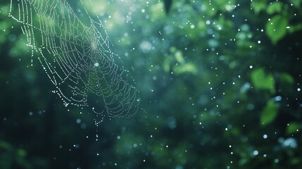 Dew-kissed spiderweb in a sun-dappled forest