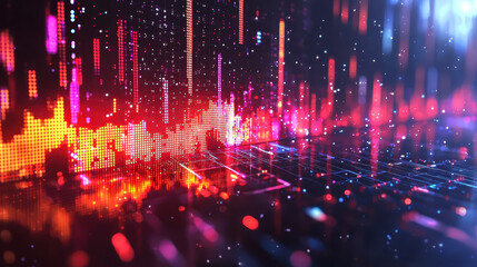 Fototapete - Realistic 3D waveforms glow in 4K with side angle perspective, creating a vibrant digital background with abstract colorful patterns and a dynamic futuristic feel.