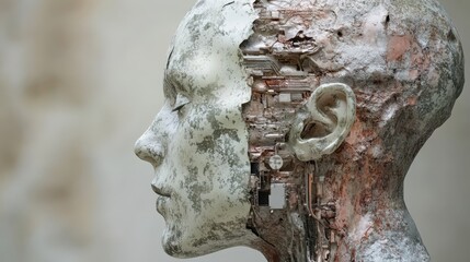 Poster - Cyborg head in profile view, half human half machine, artificial intelligence concept, futuristic technology, studio shot
