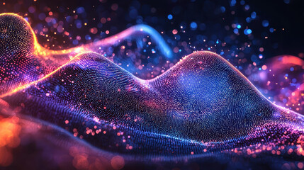 Poster - Realistic 4K 3D background displaying flowing abstract waveform aesthetics with side angle and shimme particles, showing vibrant colors in smooth curves.