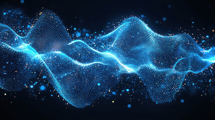 Poster - A realistic 4K side view of a captivating 3D background showcasing blue waveform aesthetics created from glitte particles flowing smoothly in an abstract design.