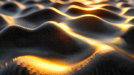 Poster - Realistic 4K 3D background shows waveform analysis with a side angle view highlighting simulated golden light reflections on undulating surface texture.