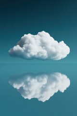Poster - Fluffy White Cloud Reflecting on Calm Teal Water Surface Dreamlike Minimalist Still Life Perspective Serene Atmosphere