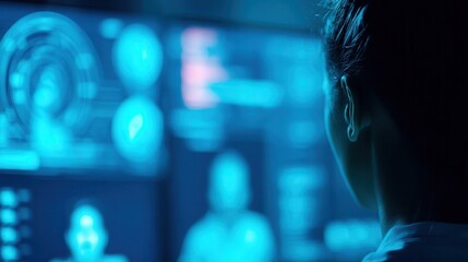 Poster - Person focused on illuminated digital displays.