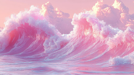 Poster - realistic 4k 3d wave background graphic presents a side angle of pink tinted ocean waves crashing un