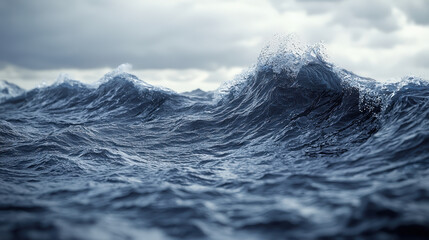 Poster - Realistic 4K side angle illustration showing a 3D background with immense ocean waves crashing under a cloudy sky creating a dramatic scene of nature's power.