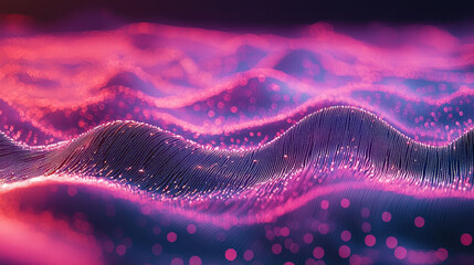 Fototapete - Realistic 4K 3D background showing angle side view of flowing abstract wave pattern with pink and blue illumination and depth of field effects shown subtly.