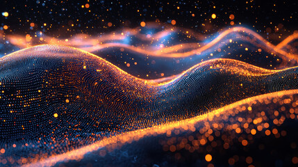 Fototapete - An abstract 3D visualization of flowing data waves in realistic 4K resolution, illuminated from the side with glowing orange and blue particles creating depth.