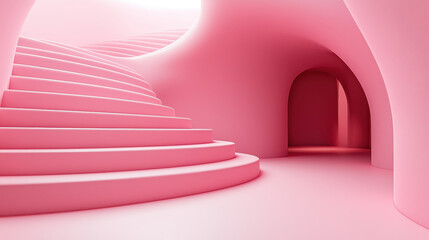 Poster - A whical 3D background features realistic smooth pink curves and a staircase, presented in 4K with a captivating side angle and ethereal glow, beautiful!