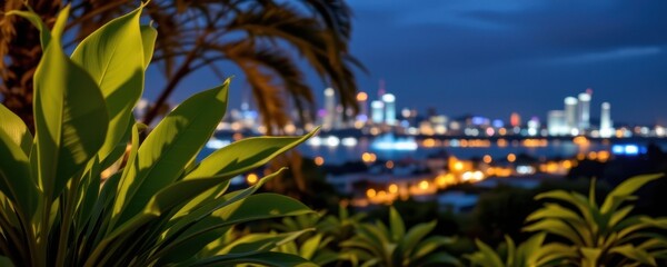 Poster - create a captivating image featuring the green leaves of tropical plants in the foreground with a bush by, on the left, position your subject facing towards the city lights