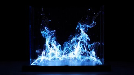 Poster - Intense blue flames in a transparent cube container.