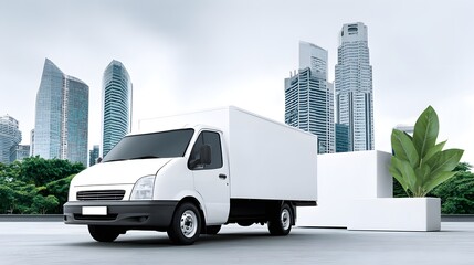 Poster - A fleet of eco-friendly electric vans traverses a city street, showcasing green logistics in action. The vehicles, marked with sustainable delivery solutions branding, highlight efficient and