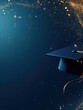© Ketobox - Graduation cap on navy blue background with golden glitter confetti for academic achievement and celebration of education