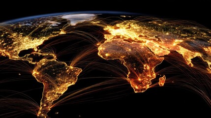 Poster - Global network of illuminated city lights on a dark background.