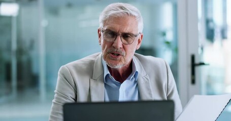 Poster - Laptop, video call and documents with business man in office for investment report, webinar and online meeting. Account manager, virtual conference and chat with mature person in financial agency