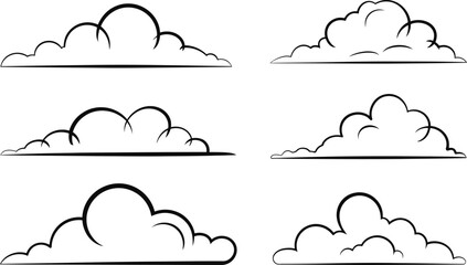 Poster - Set of six simple hand drawn outlined clouds for weather and climate related designs