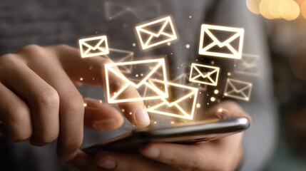 Poster - Hands interacting with glowing email symbols on a smartphone.
