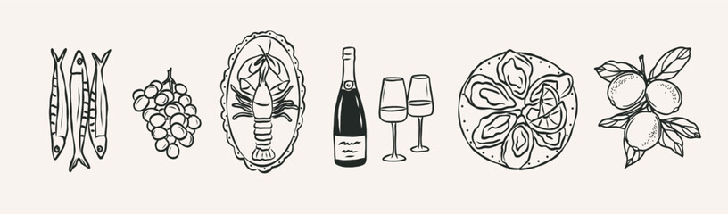 hand drawn mediterranean food elements
