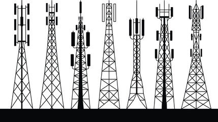 Poster - Collection of black and white silhouette illustrations depicting various communication towers and antennas