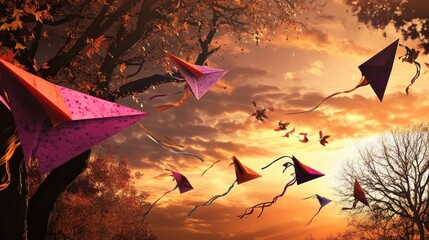 Poster - Colorful kites soar amidst autumnal trees at sunset.