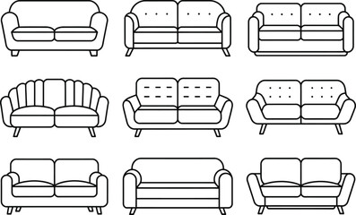 Poster - Vector illustrations of various sofa designs outlined in black and white for interior design projects