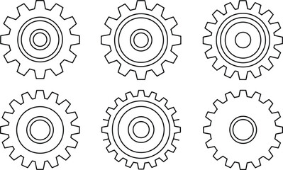 Poster - Six black and white gear illustrations in a mechanical or industrial design style