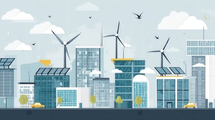 Poster - Sustainable urban landscape illustration with renewable energy sources.