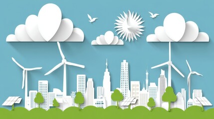 Poster - Sustainable city skyline depicted in paper cut design.