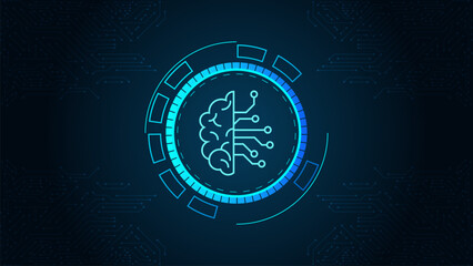 Fototapete - Futuristic AI brain interface with glowing circuit board and digital connections on a dark blue tech background.