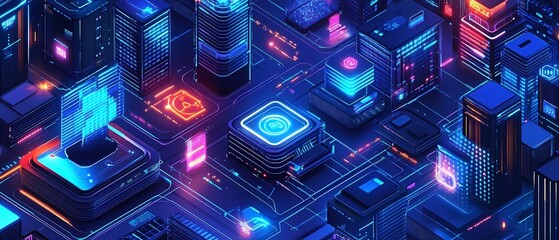 Poster - Cybernetic metropolis illuminated with ethereal neon glows showcasing digital architecture