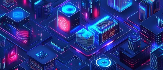Poster - Futuristic technology landscape with neon glow and abstract architecture