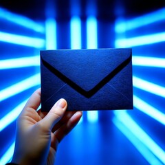 Leinwandbilder - A hand holding a stylish black envelope against a backdrop of vibrant blue light streaks, creating a modern and mysterious feel.