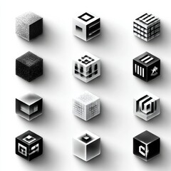 Poster - Exploring Abstract Cubic Forms: A Study in Geometric Design and Textural Variation on a White Background