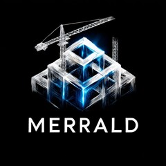 Poster - MERRALD: Abstract Construction with Crane - A Modern Architectural Blueprint on Black, Outlined in White with a Futuristic Blue Glow
