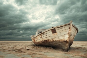 Naklejka na meble Abandoned boat on a desolate beach under a stormy sky.  A weathered vessel rests on the sand, facing the dark, ominous clouds above