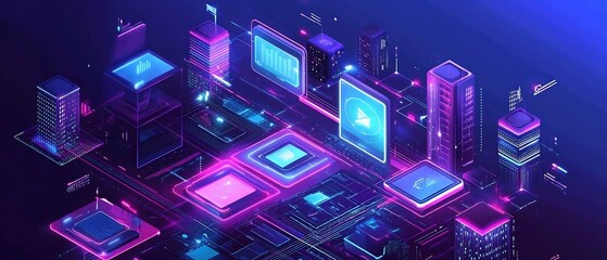 Poster - Isometric cybernetic landscape with futuristic buildings and glowing elements
