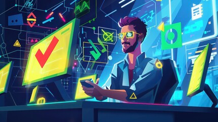Man with glasses using phone in front of monitors with checkmarks and abstract digital graphics around him