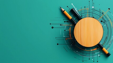 Circular wooden object, pencils, and tech graphic on teal background