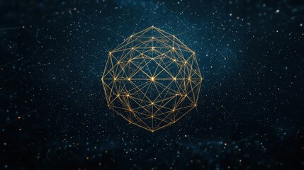 Poster - Geometric Network Structure with Golden Lines on Cosmic Background for Abstract Art and Technology Concepts