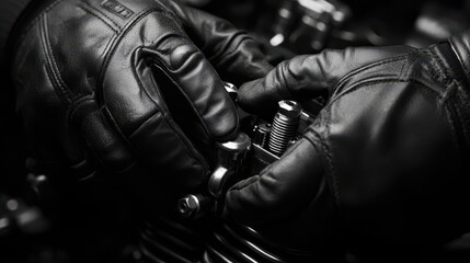 Poster - Close-Up of Gloved Hands Working on Engine Component in Automotive Workshop Setting